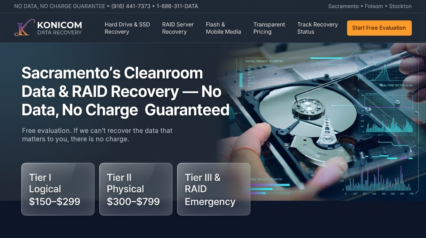 Redesigned Konicom Data Recovery homepage with tier pricing cards and the No Data, No Charge guarantee